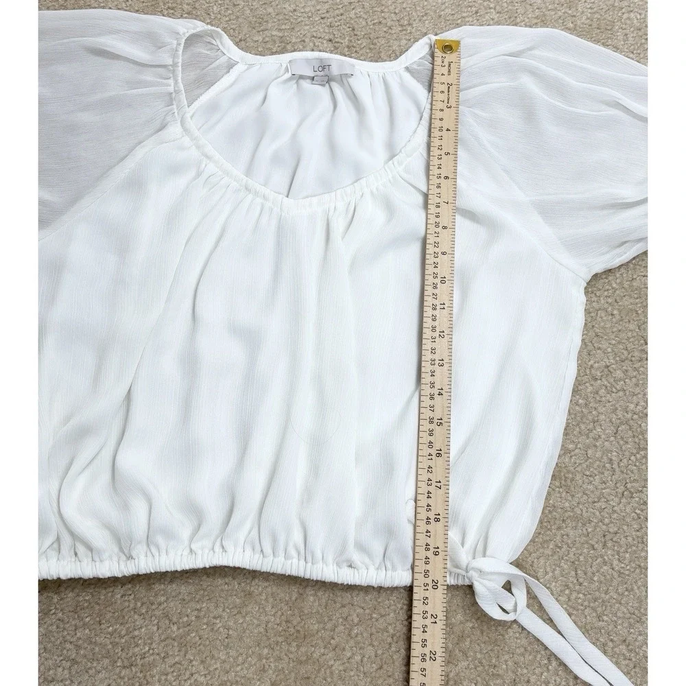 Loft White Peasant Blouse Puff Sleeve Side Tie Elastic Hem Top Medium